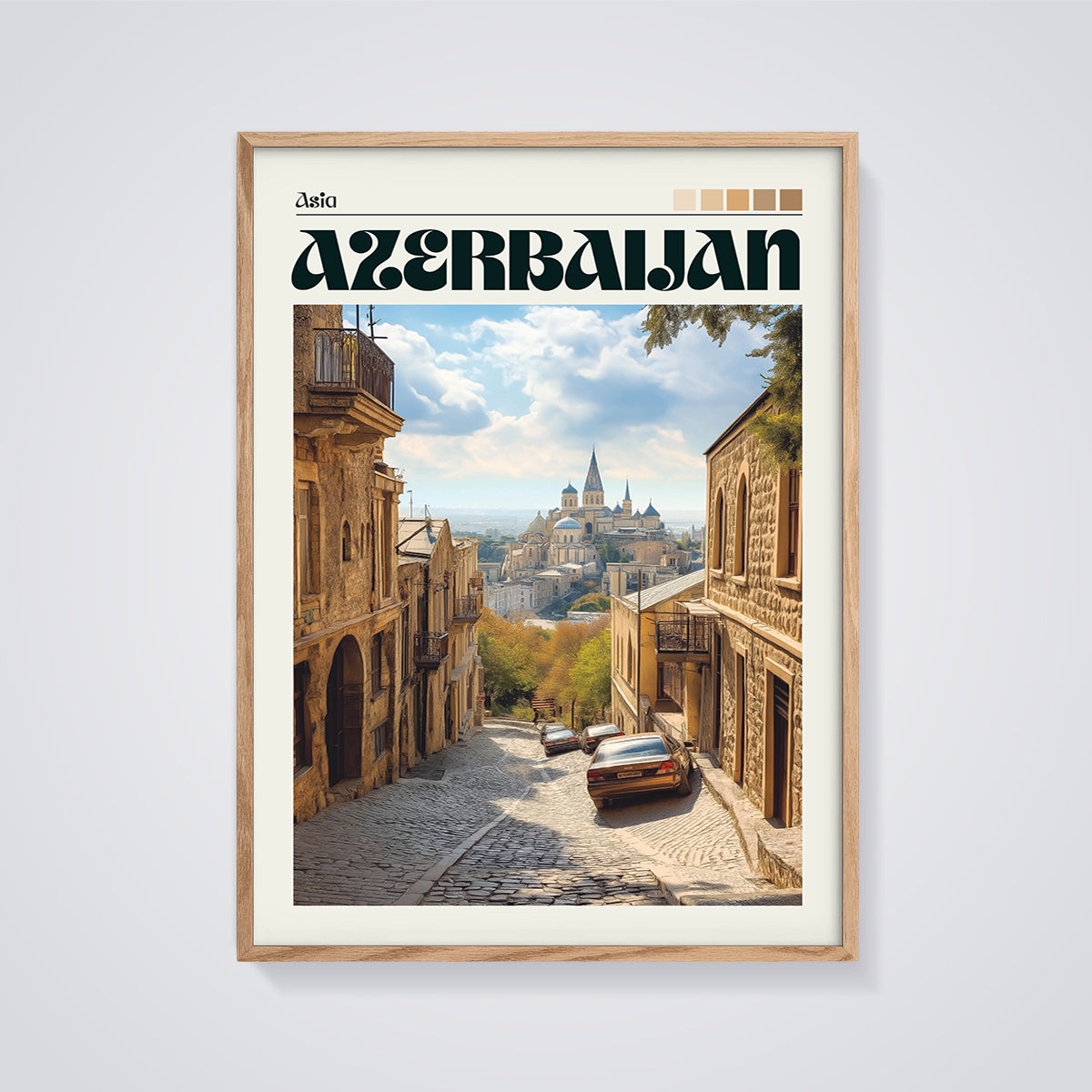 Azerbaijan Old Town Print framed in oak on a grey background