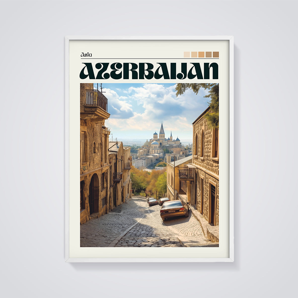Azerbaijan Old Town Print framed in white on a grey background