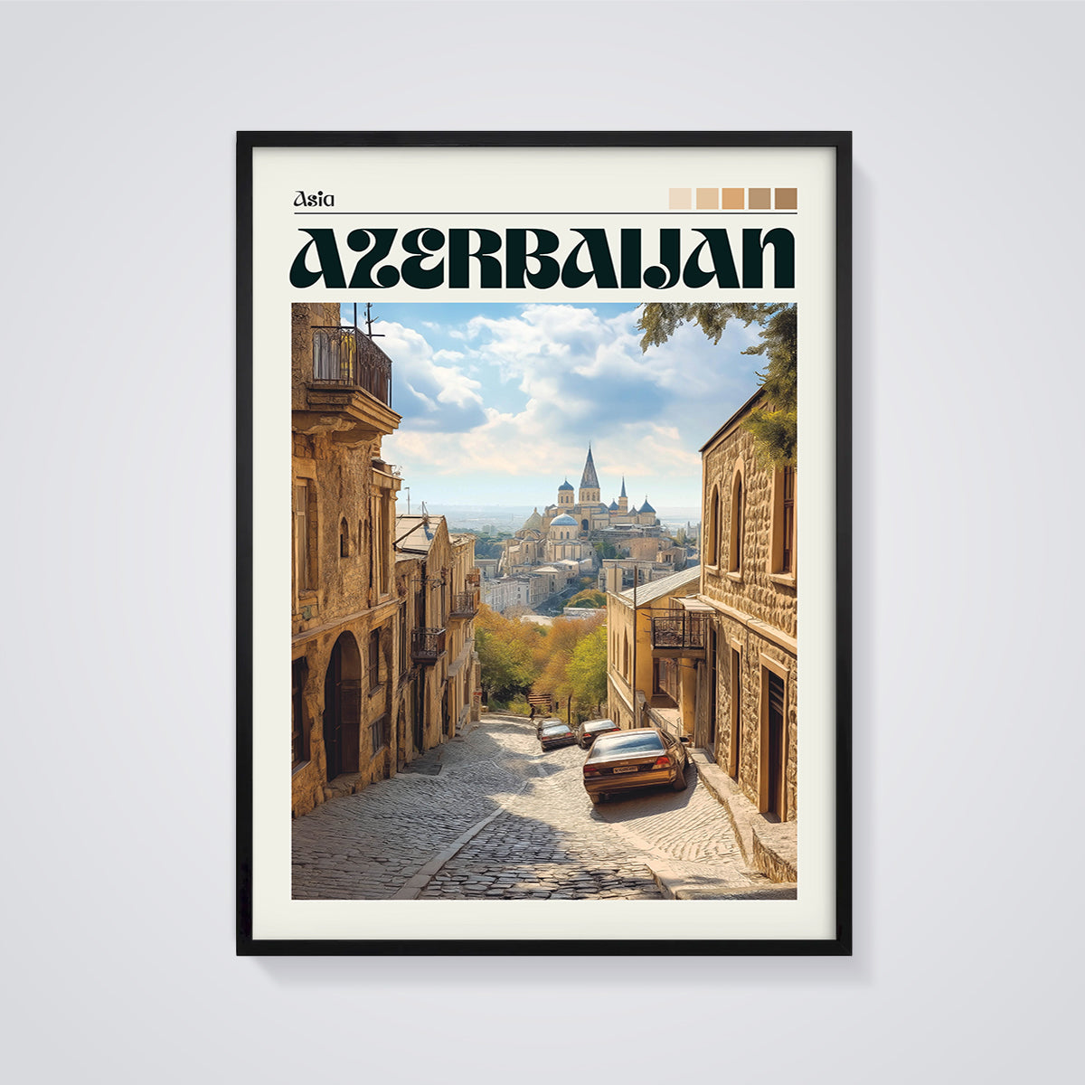 Azerbaijan Old Town Print framed in black on a grey background