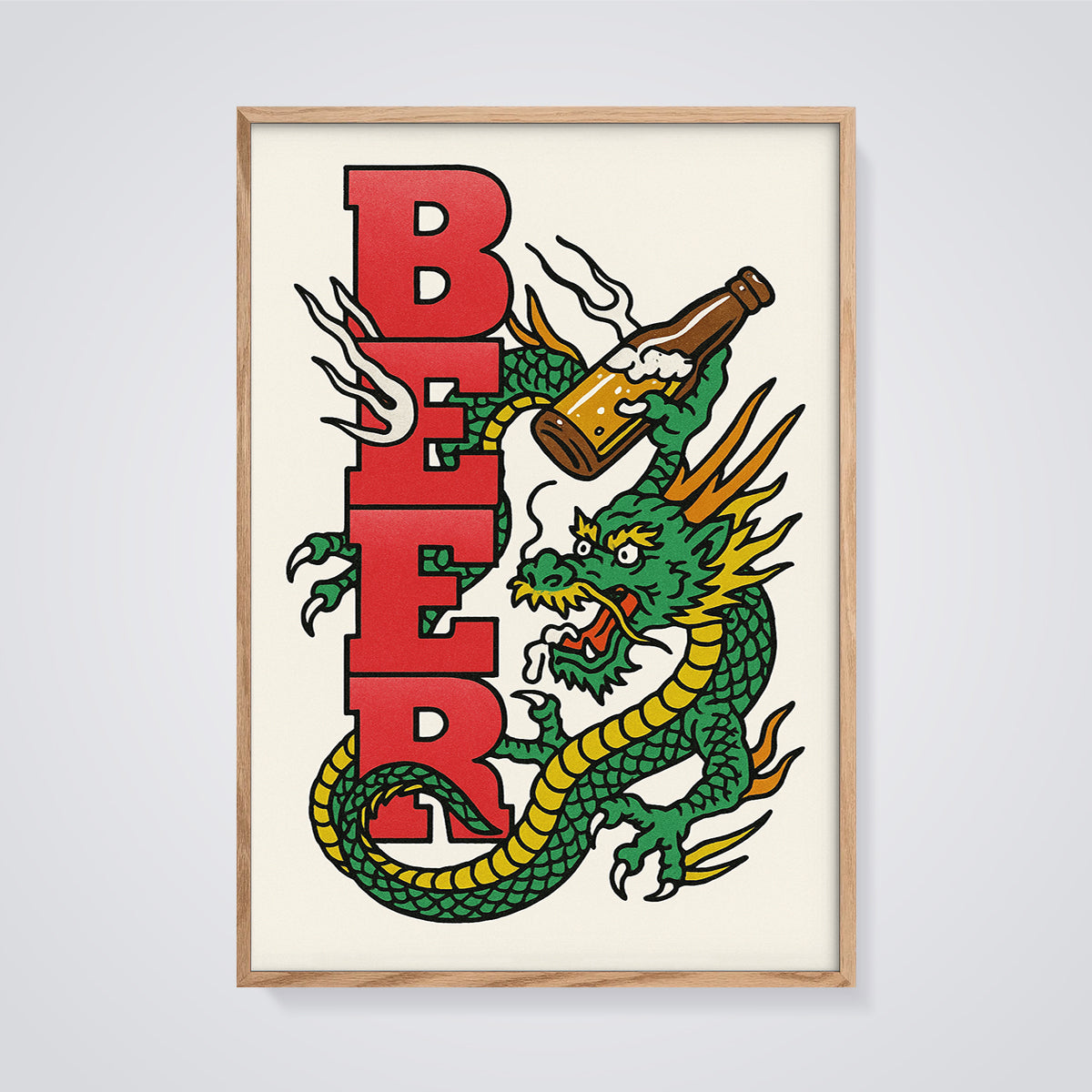BEER Dragon Bottle Print framed in oak on a grey background