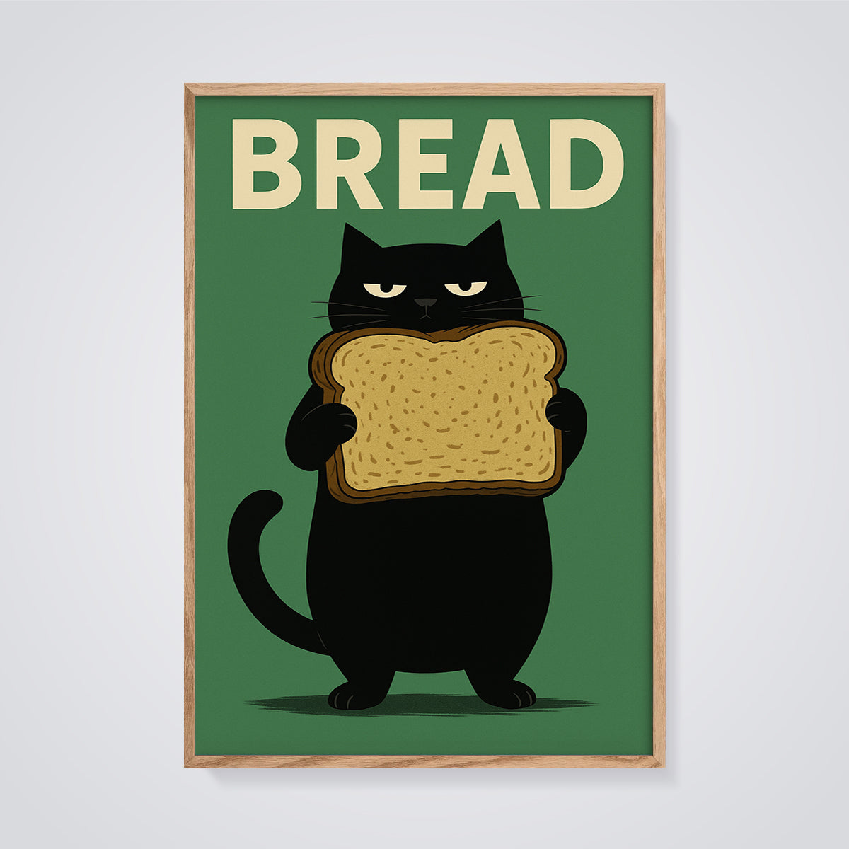 BREAD Black Cat Print framed in oak on a grey background