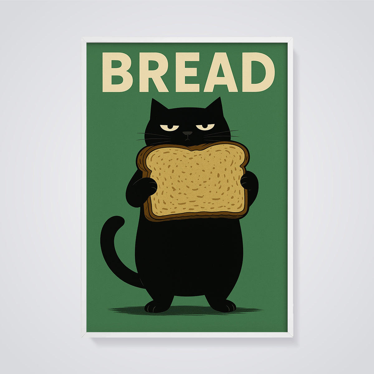 BREAD Black Cat Print framed in white on a grey background