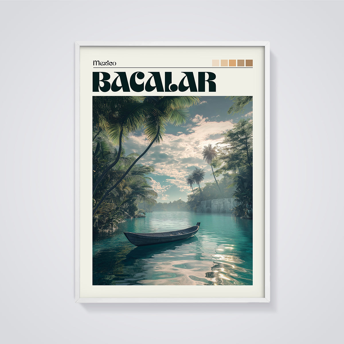 Bacalar Lagoon Boat Print framed in white on a grey background