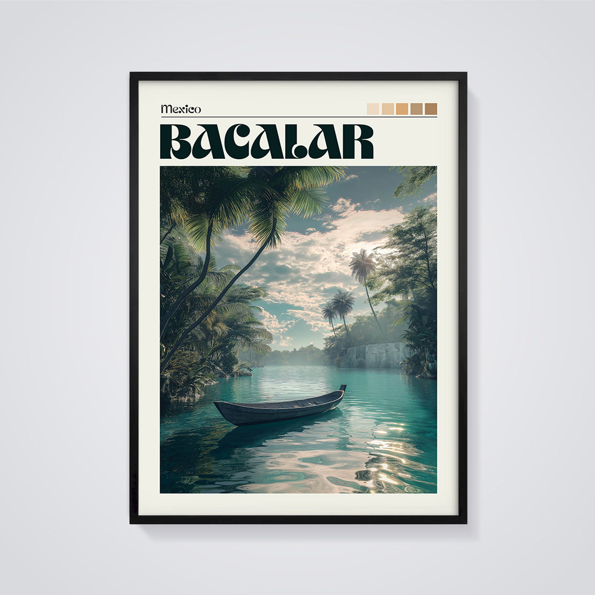 Bacalar Lagoon Boat Print framed in black on a grey background