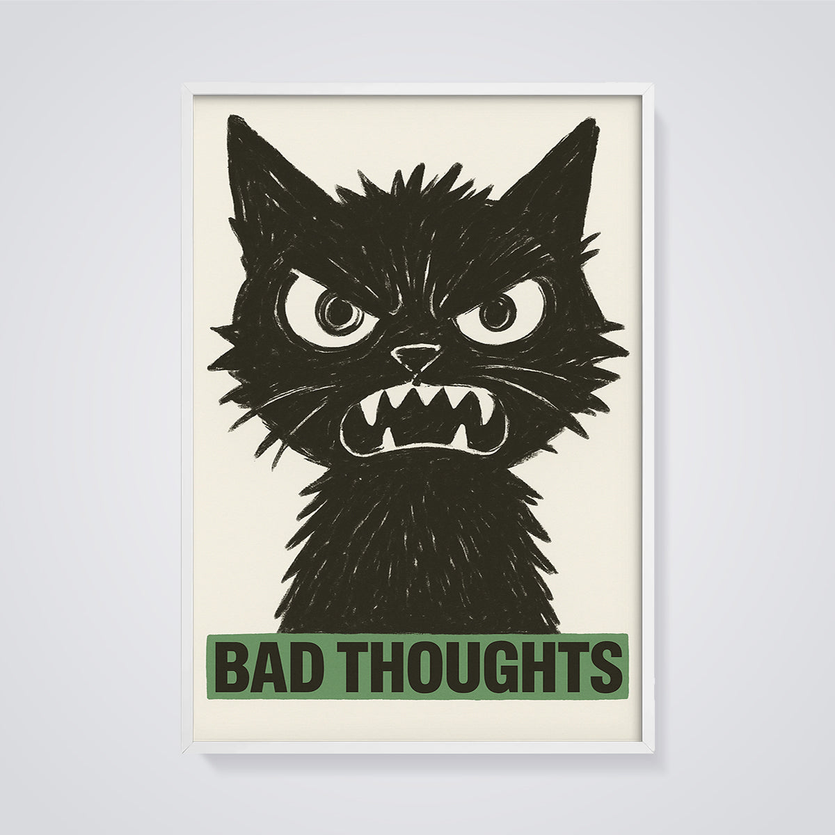Bad Thoughts Angry Black Cat Print framed in white on a grey background