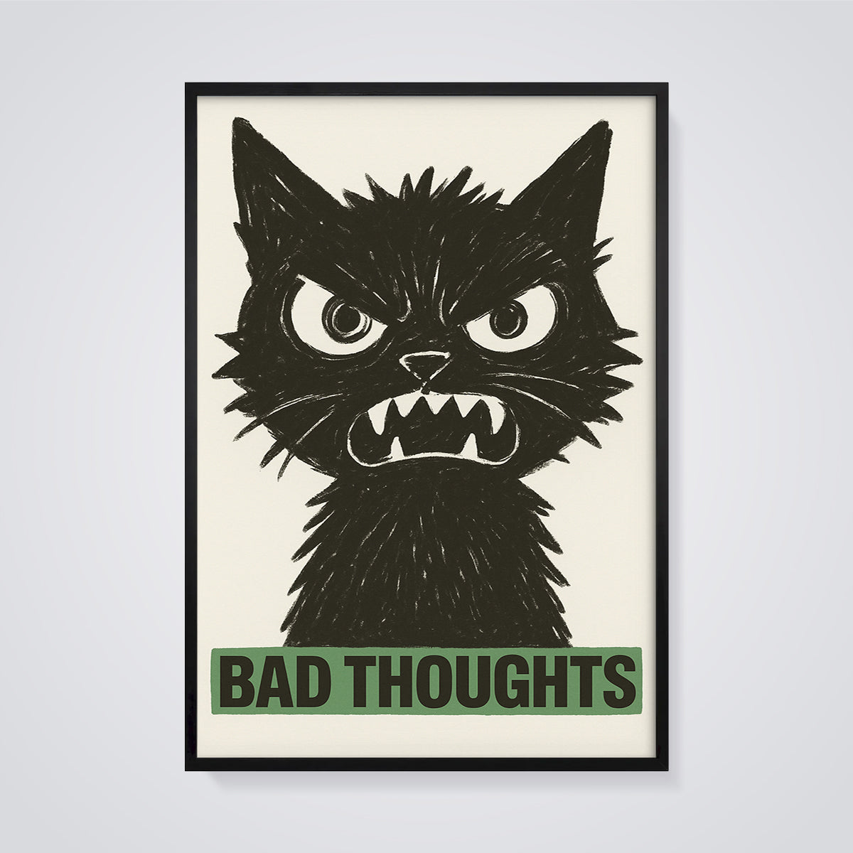 Bad Thoughts Angry Black Cat Print framed in black on a grey background