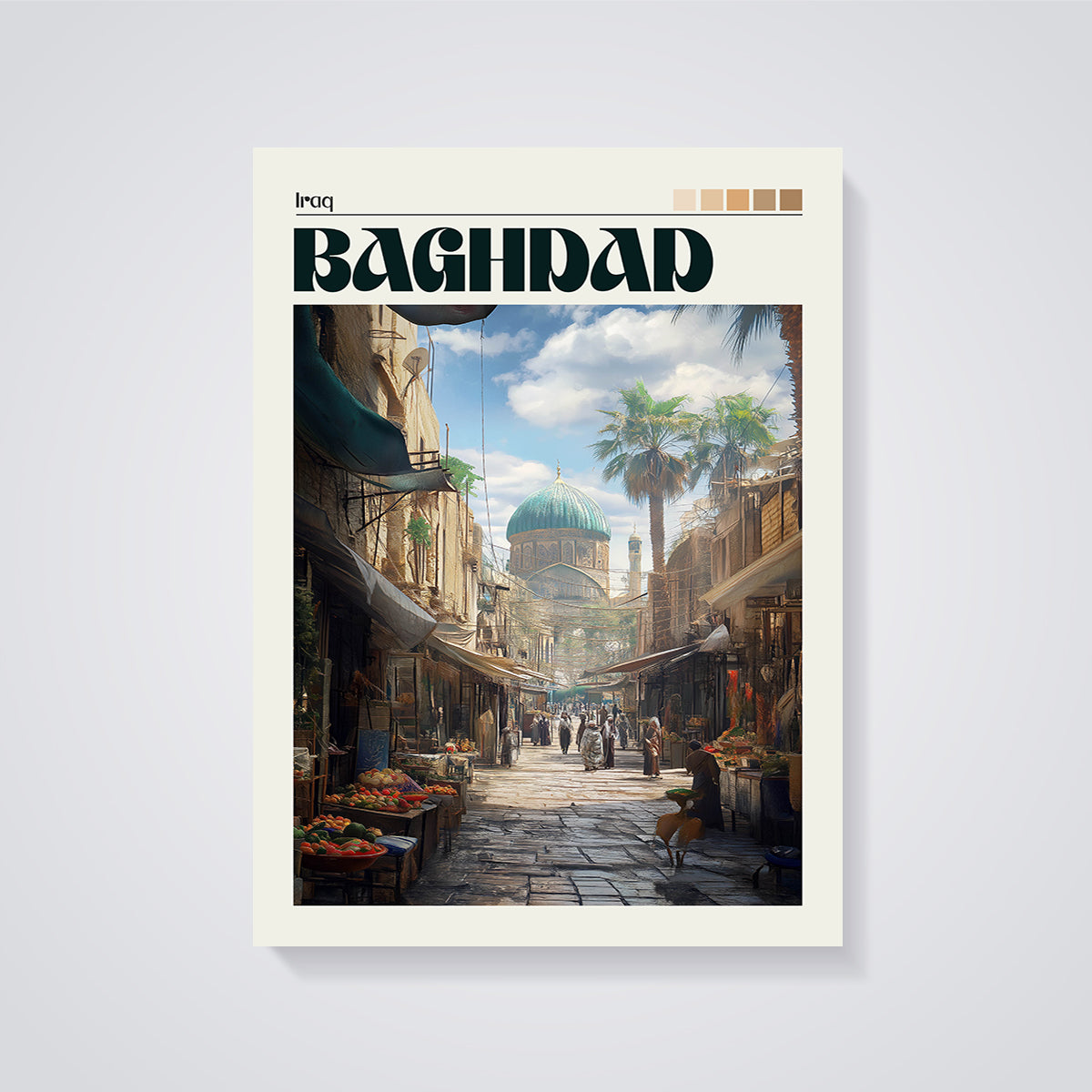 Baghdad Souk & Mosque Print unframed on a grey background