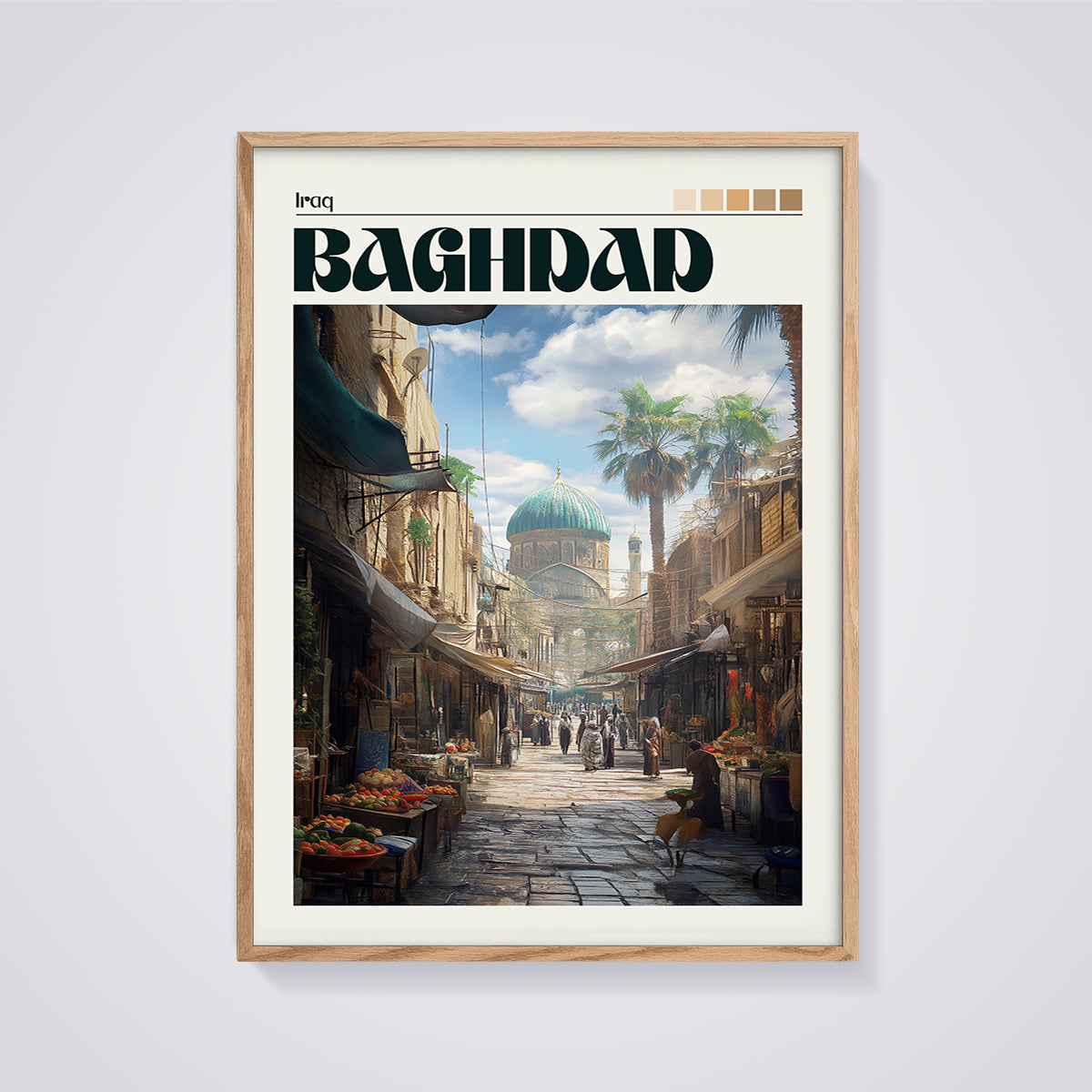 Baghdad Souk & Mosque Print framed in oak on a grey background