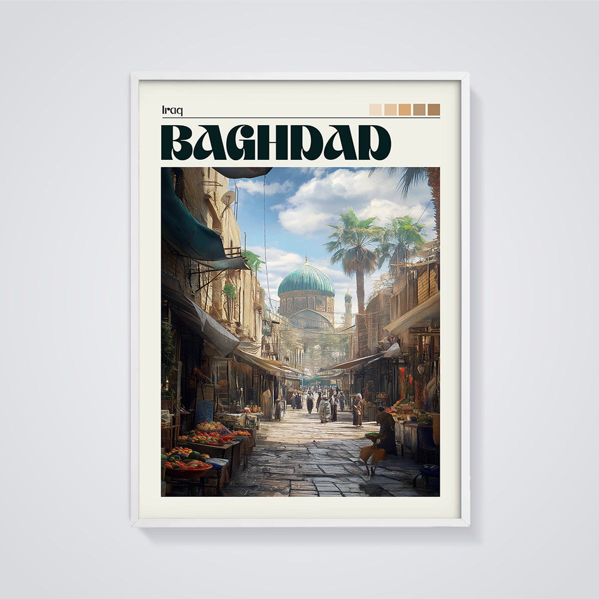 Baghdad Souk & Mosque Print framed in white on a grey background