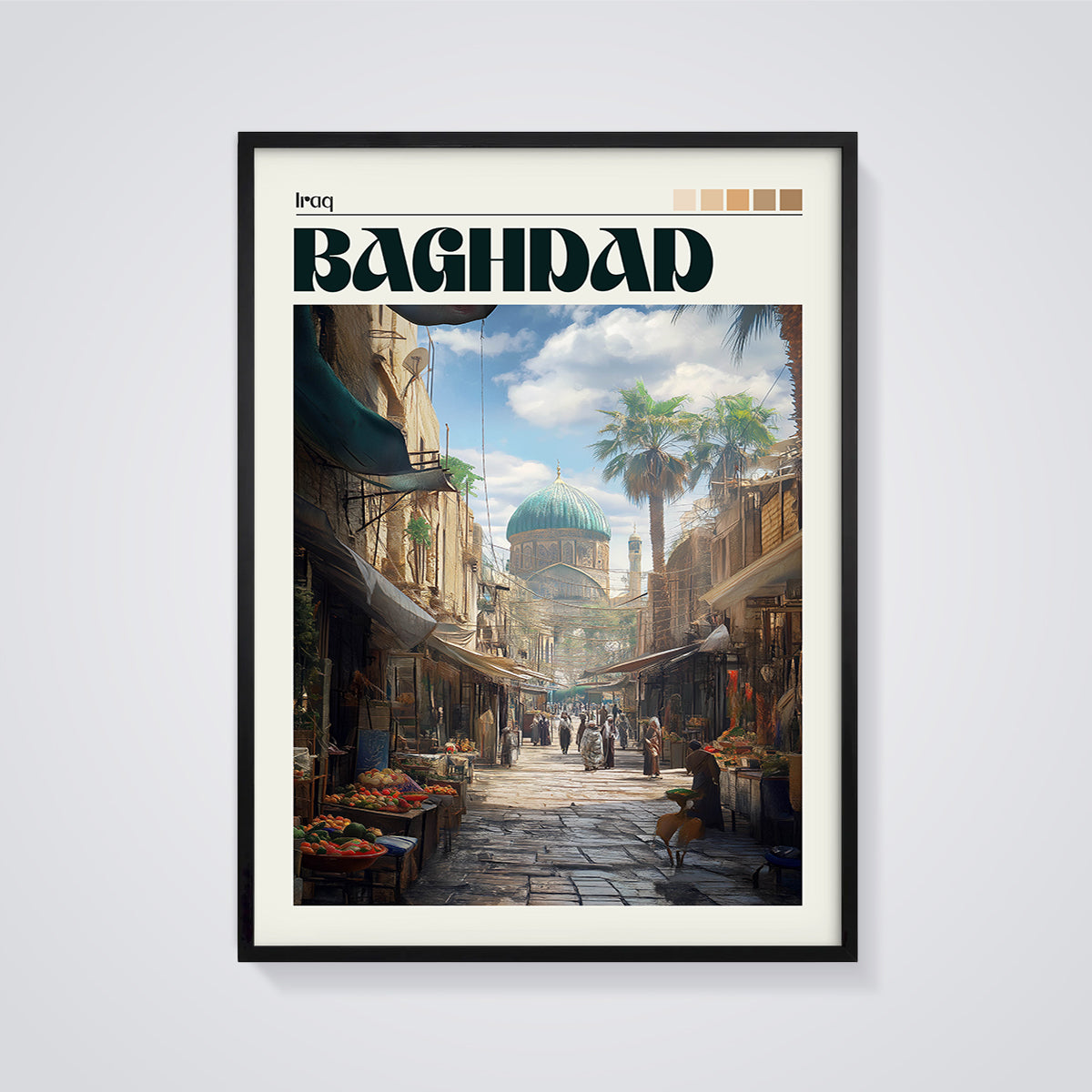Baghdad Souk & Mosque Print framed in black on a grey background