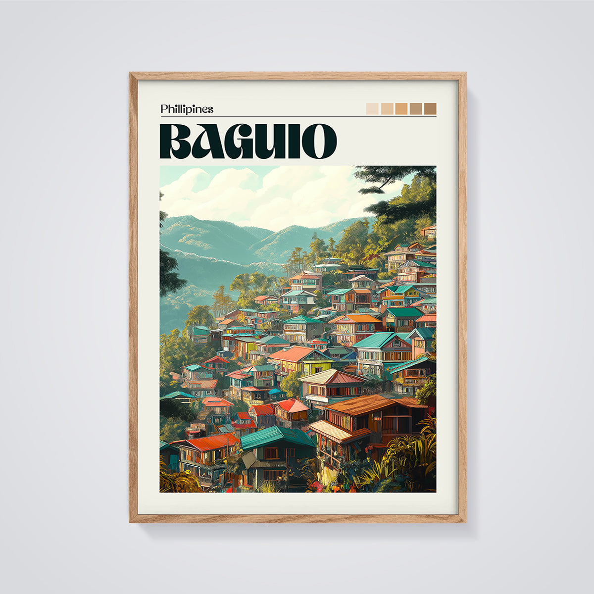 Baguio Philippines Cityscape Print framed in oak on a grey background