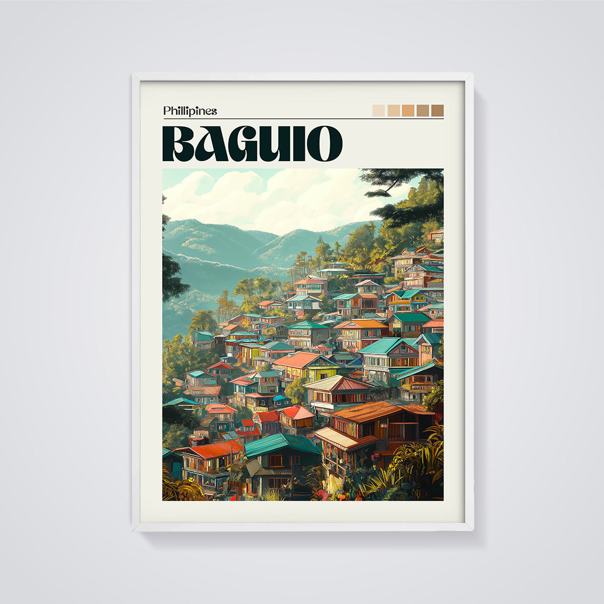 Baguio Philippines Cityscape Print framed in white on a grey background