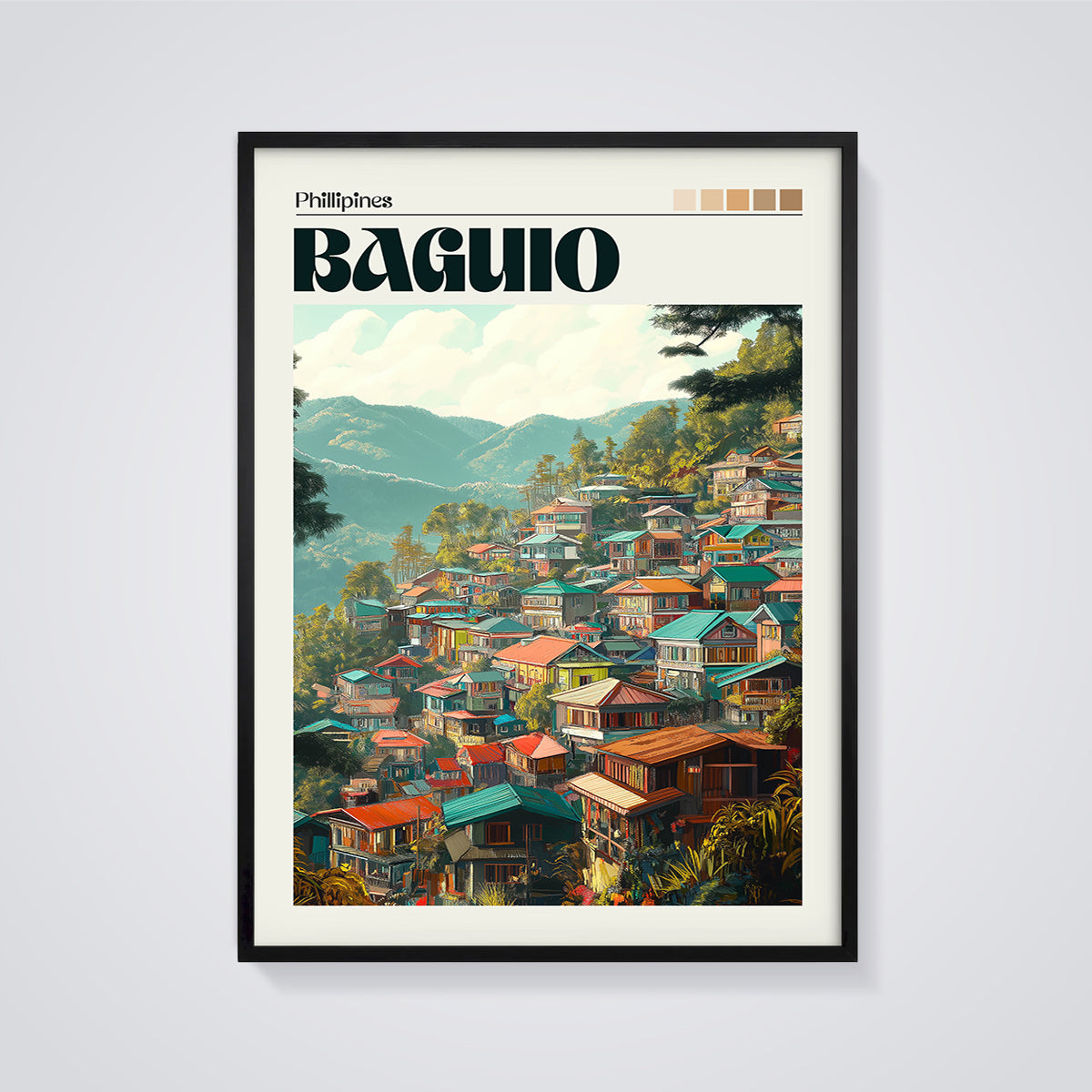 Baguio Philippines Cityscape Print framed in black on a grey background