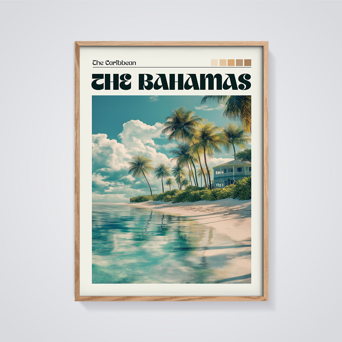 Bahamas Tropical Beach Print framed in oak on a grey background