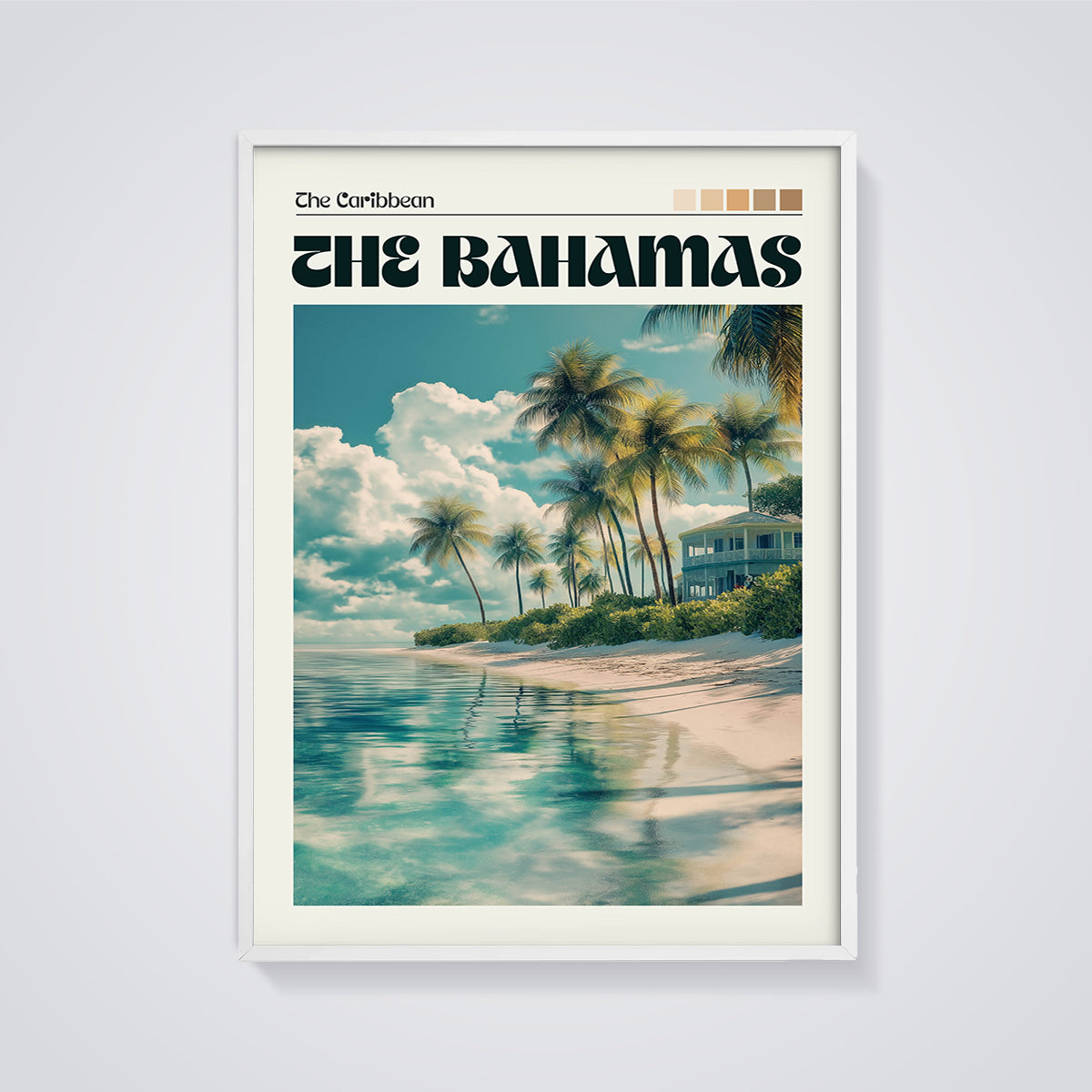 Bahamas Tropical Beach Print framed in white on a grey background
