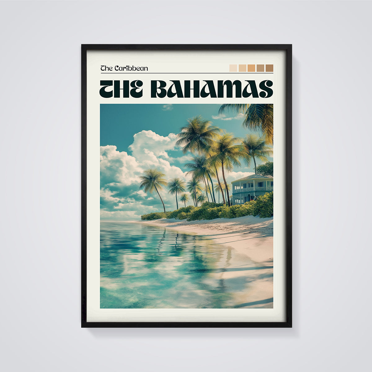 Bahamas Tropical Beach Print framed in black on a grey background