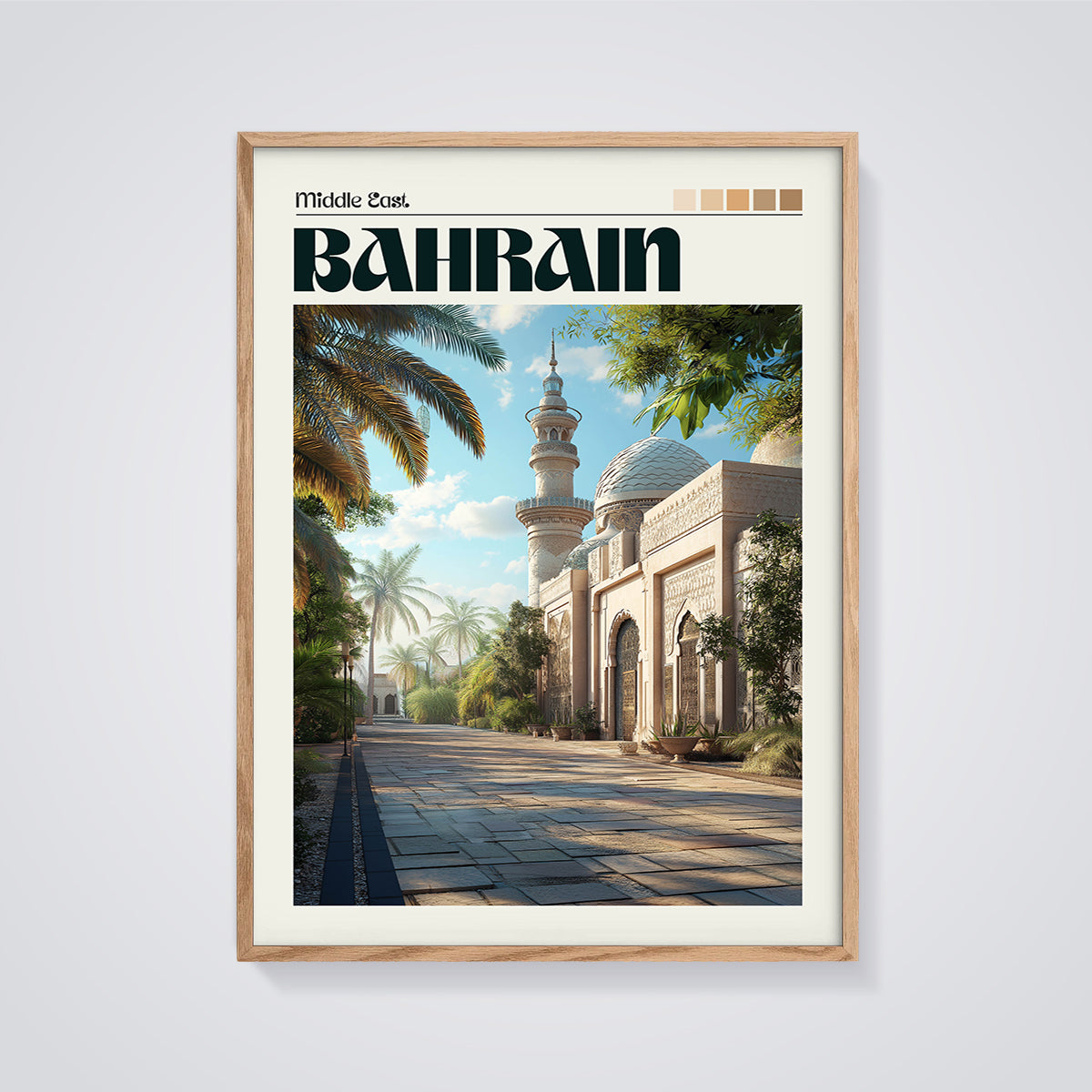 Bahrain Minaret Palm Print framed in oak on a grey background