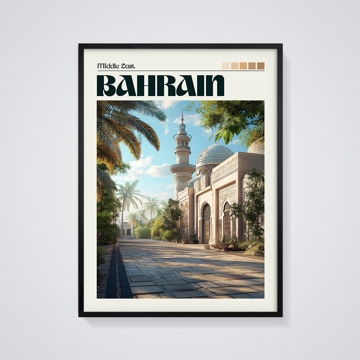 Bahrain Minaret Palm Print framed in black on a grey background