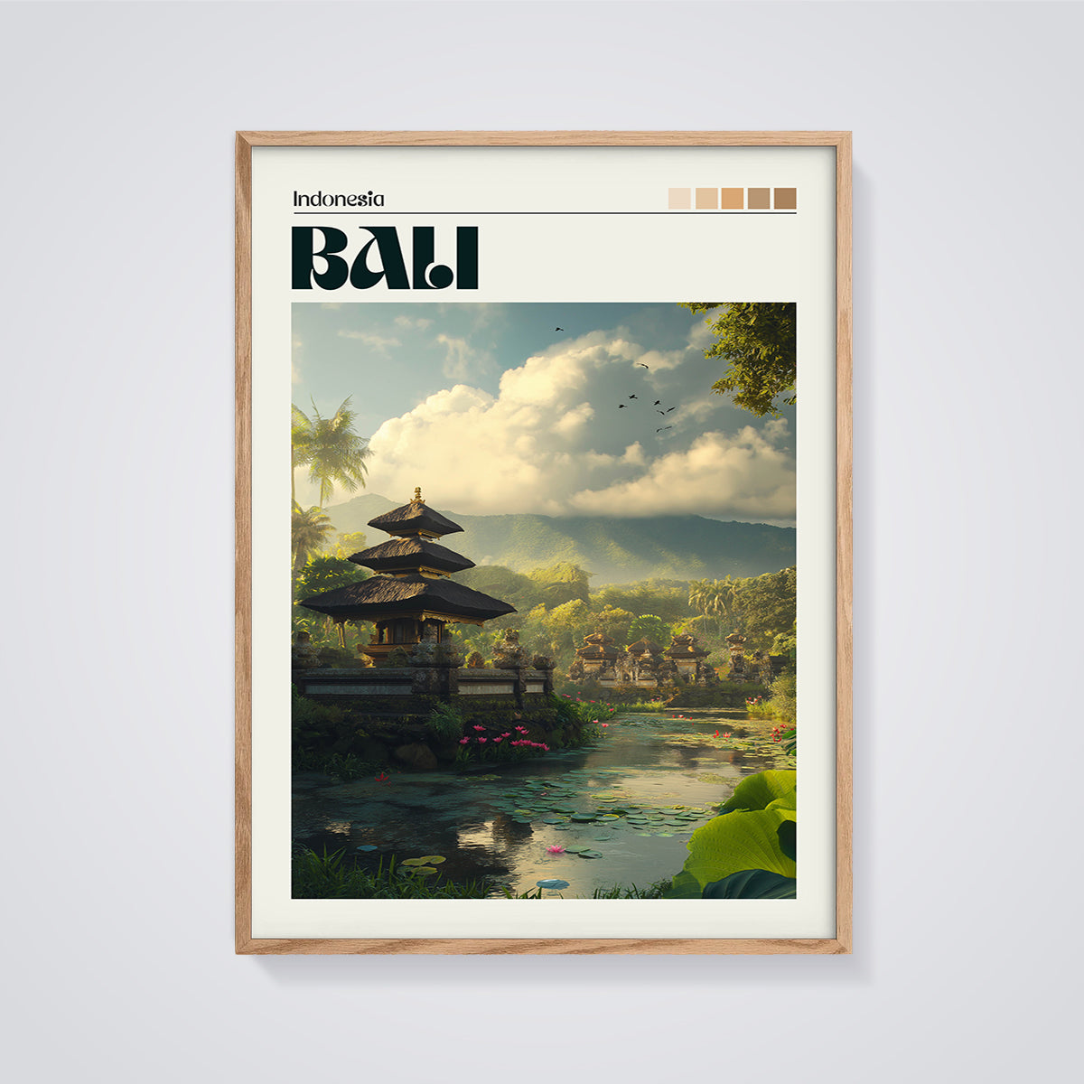 Bali Lakeside Temple Print framed in oak on a grey background