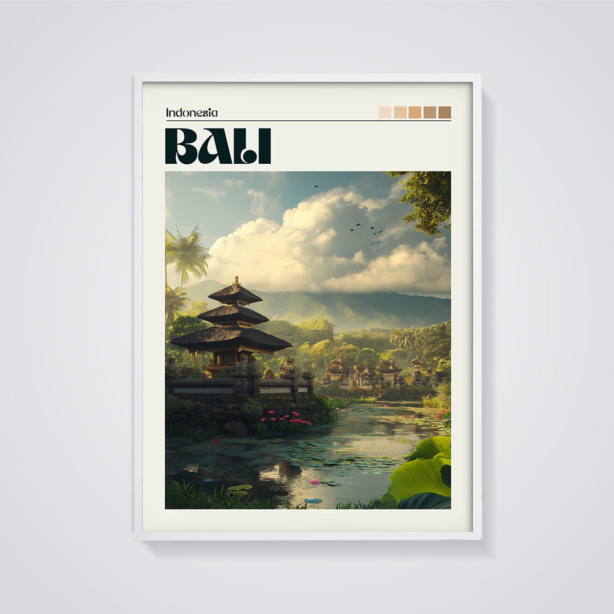 Bali Lakeside Temple Print framed in white on a grey background