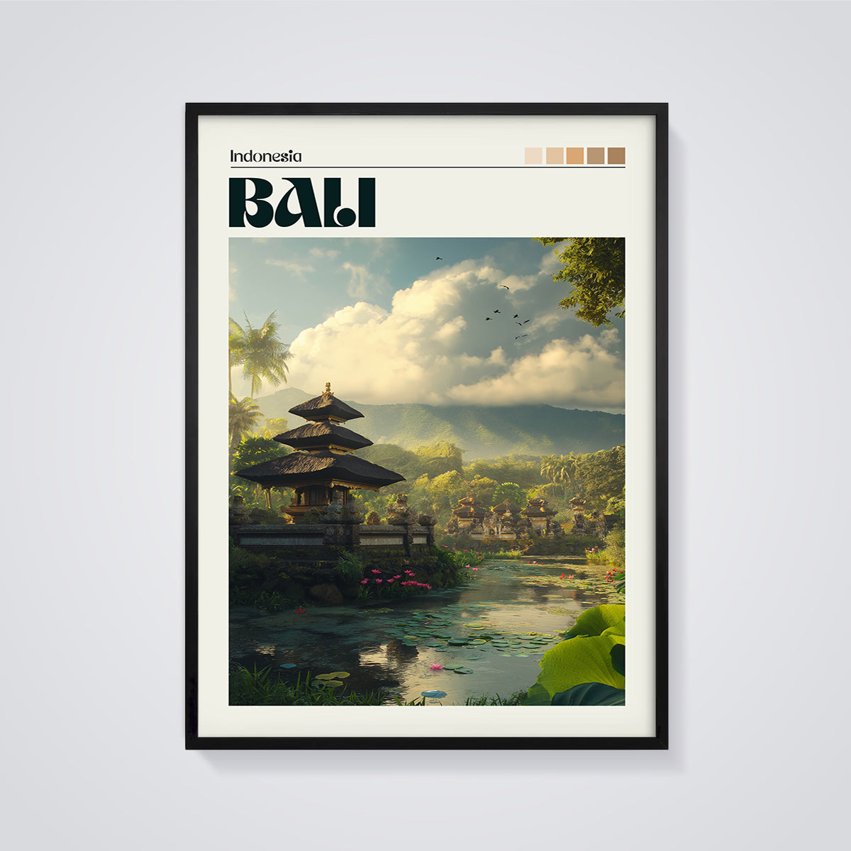 Bali Lakeside Temple Print framed in black on a grey background