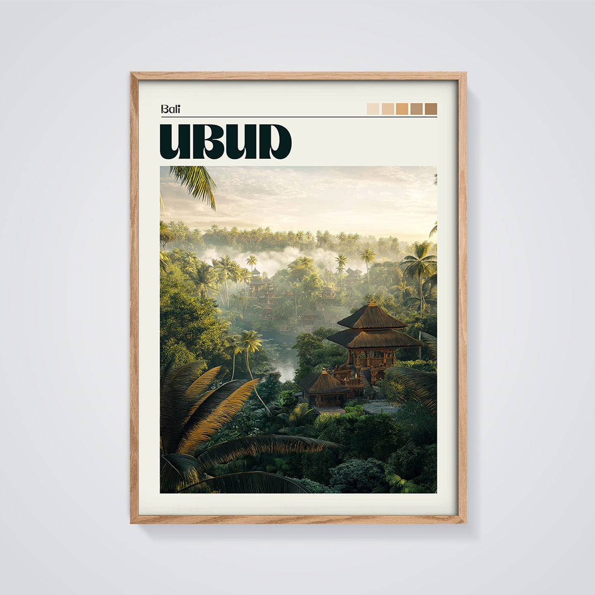 Bali Ubud Misty Jungle Print framed in oak on a grey background