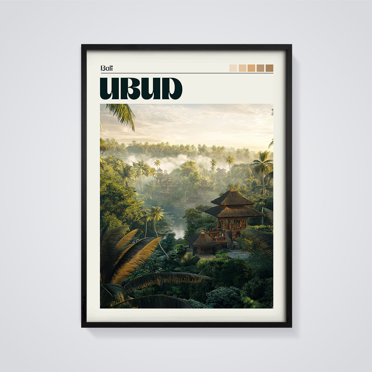 Bali Ubud Misty Jungle Print framed in black on a grey background