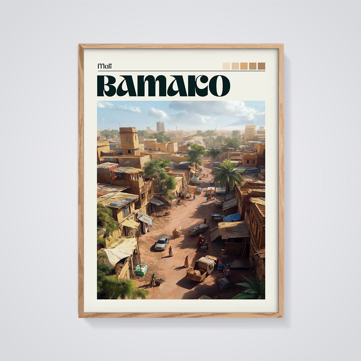 Bamako Cityscape Print framed in oak on a grey background