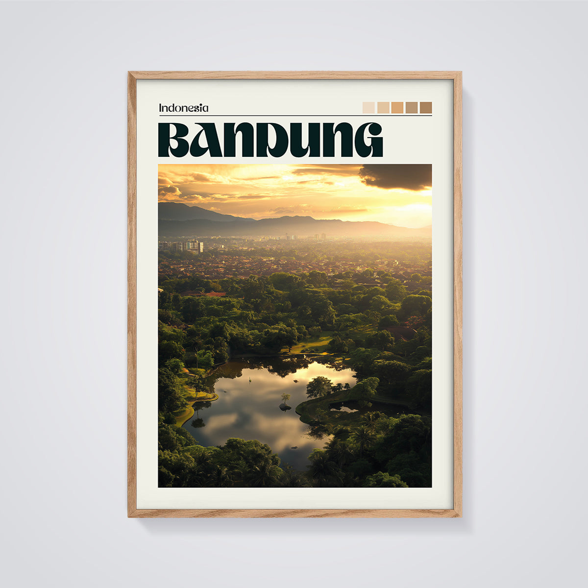 Bandung Golden Hour Print framed in oak on a grey background
