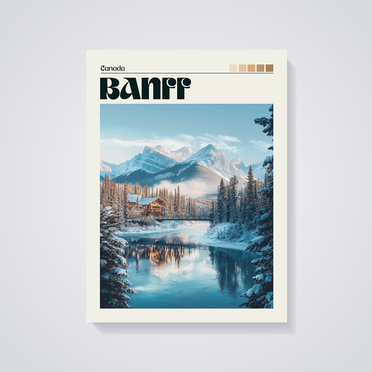 Banff Winter Lodge & Mountains Print unframed on a grey background