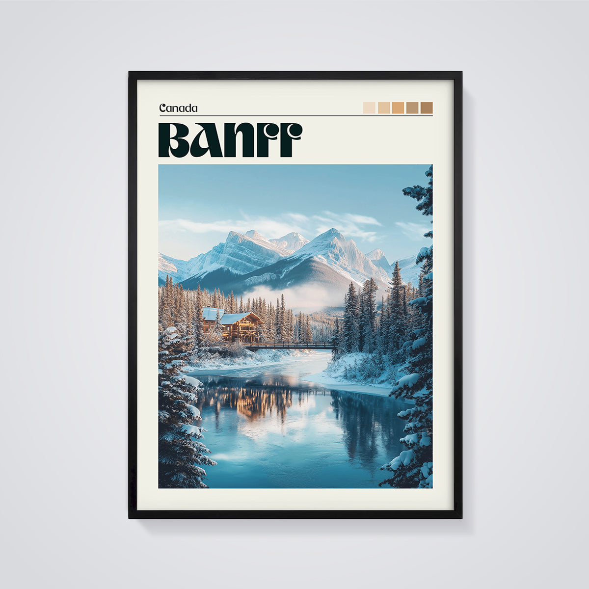 Banff Winter Lodge & Mountains Print framed in black on a grey background