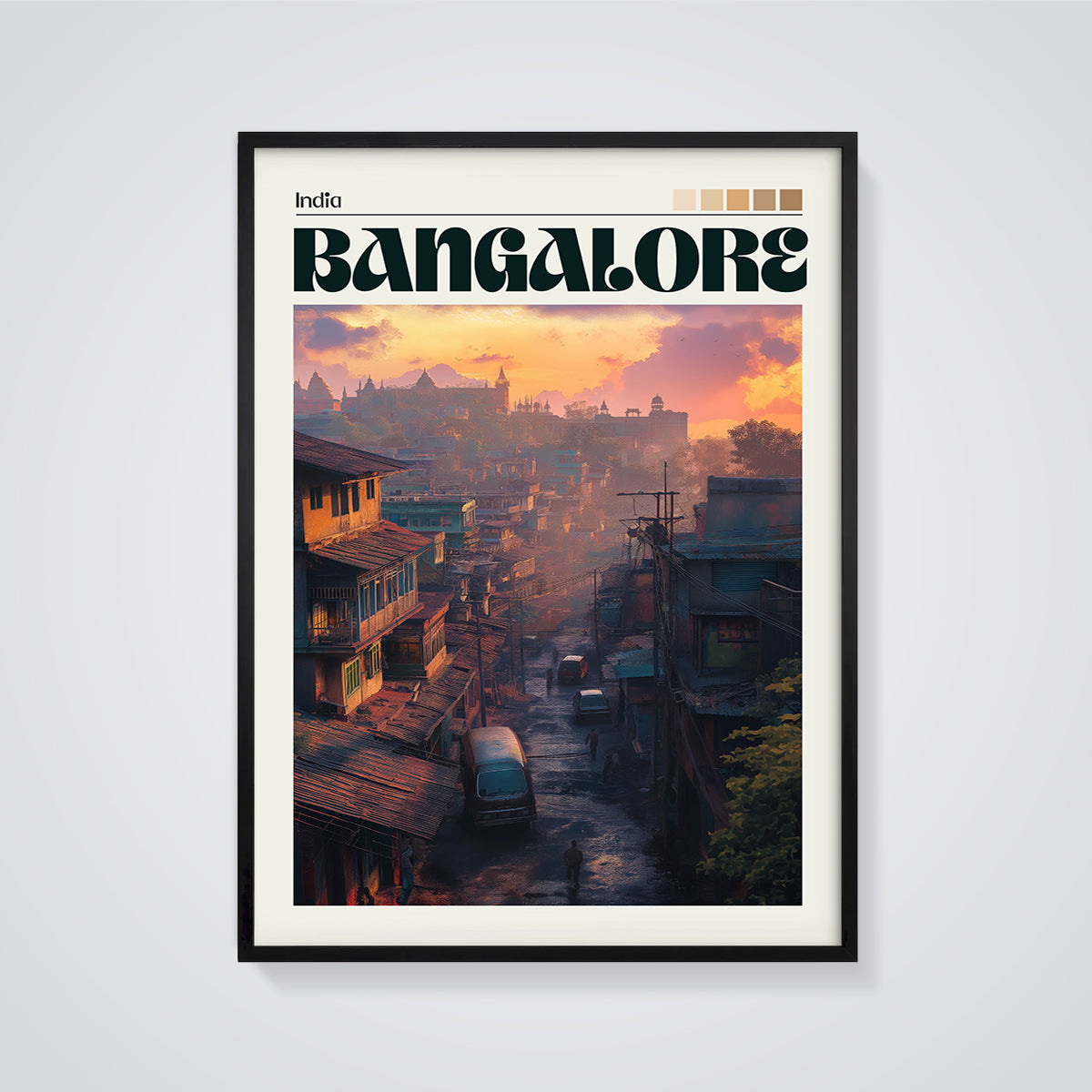 Bangalore City Sunset Print framed in black on a grey background