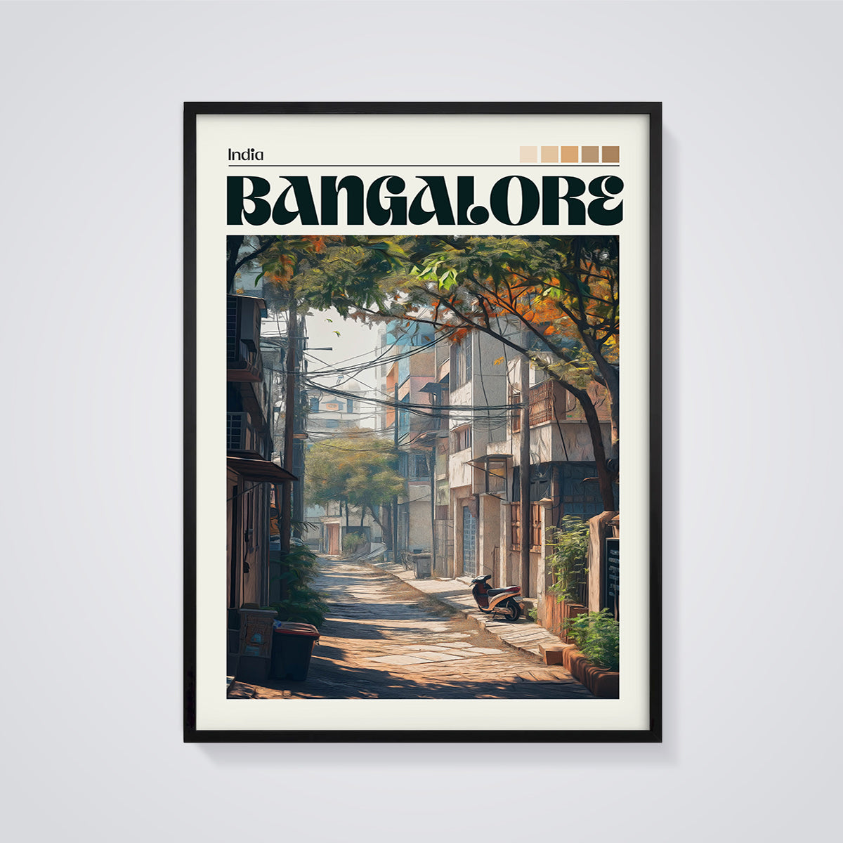 Bangalore Urban Lane Print framed in black on a grey background