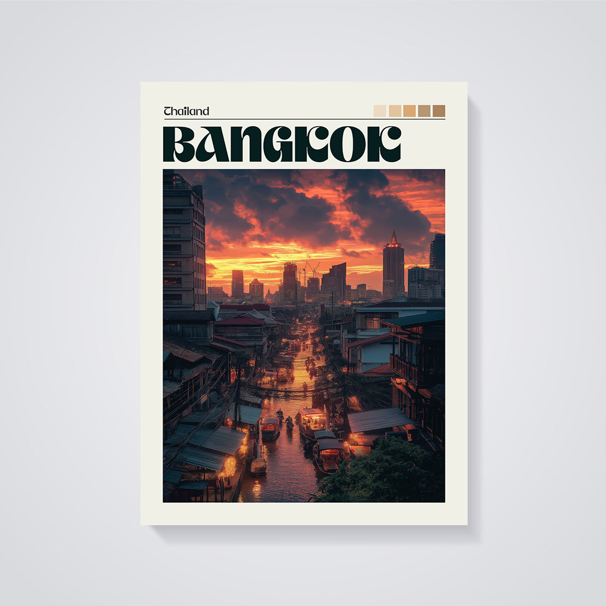 Bangkok Sunset Canal Cityscape Print unframed on a grey background