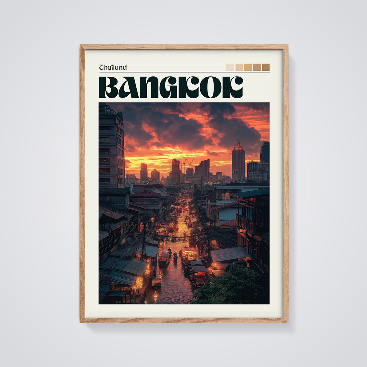 Bangkok Sunset Canal Cityscape Print framed in oak on a grey background