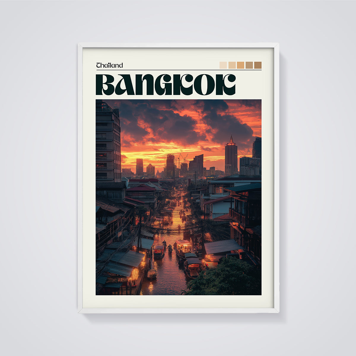 Bangkok Sunset Canal Cityscape Print framed in white on a grey background