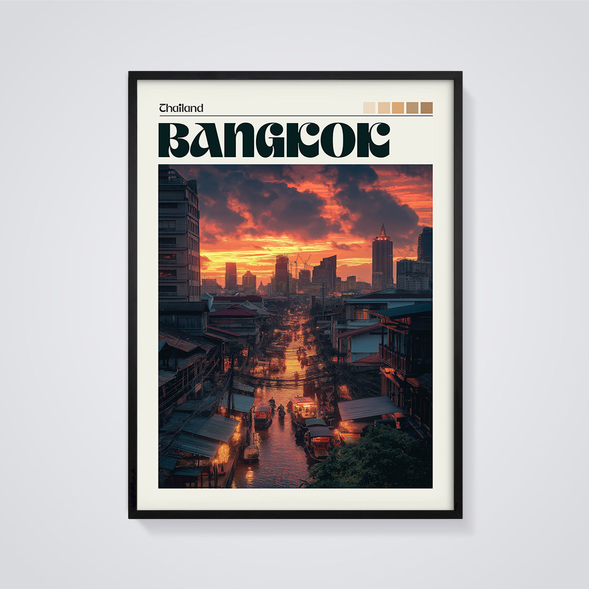 Bangkok Sunset Canal Cityscape Print framed in black on a grey background