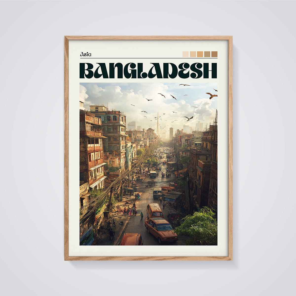 Bangladesh City Street Print framed in oak on a grey background