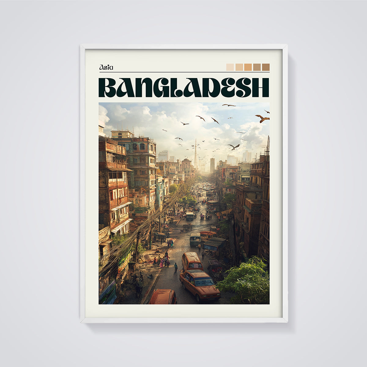Bangladesh City Street Print framed in white on a grey background