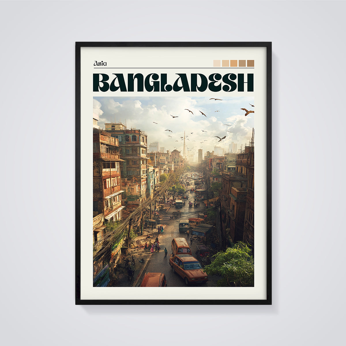 Bangladesh City Street Print framed in black on a grey background