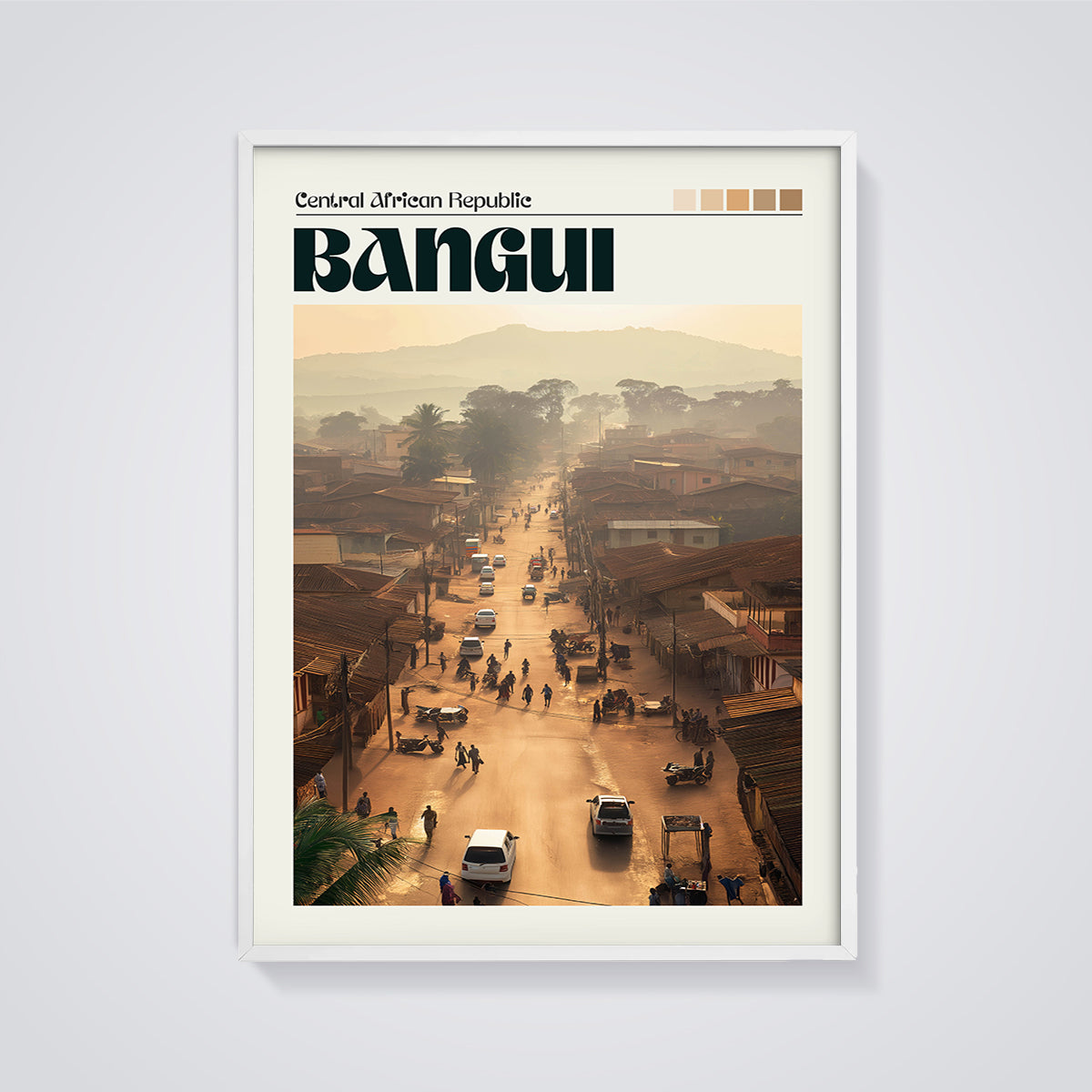 Bangui Street Scene Print framed in white on a grey background