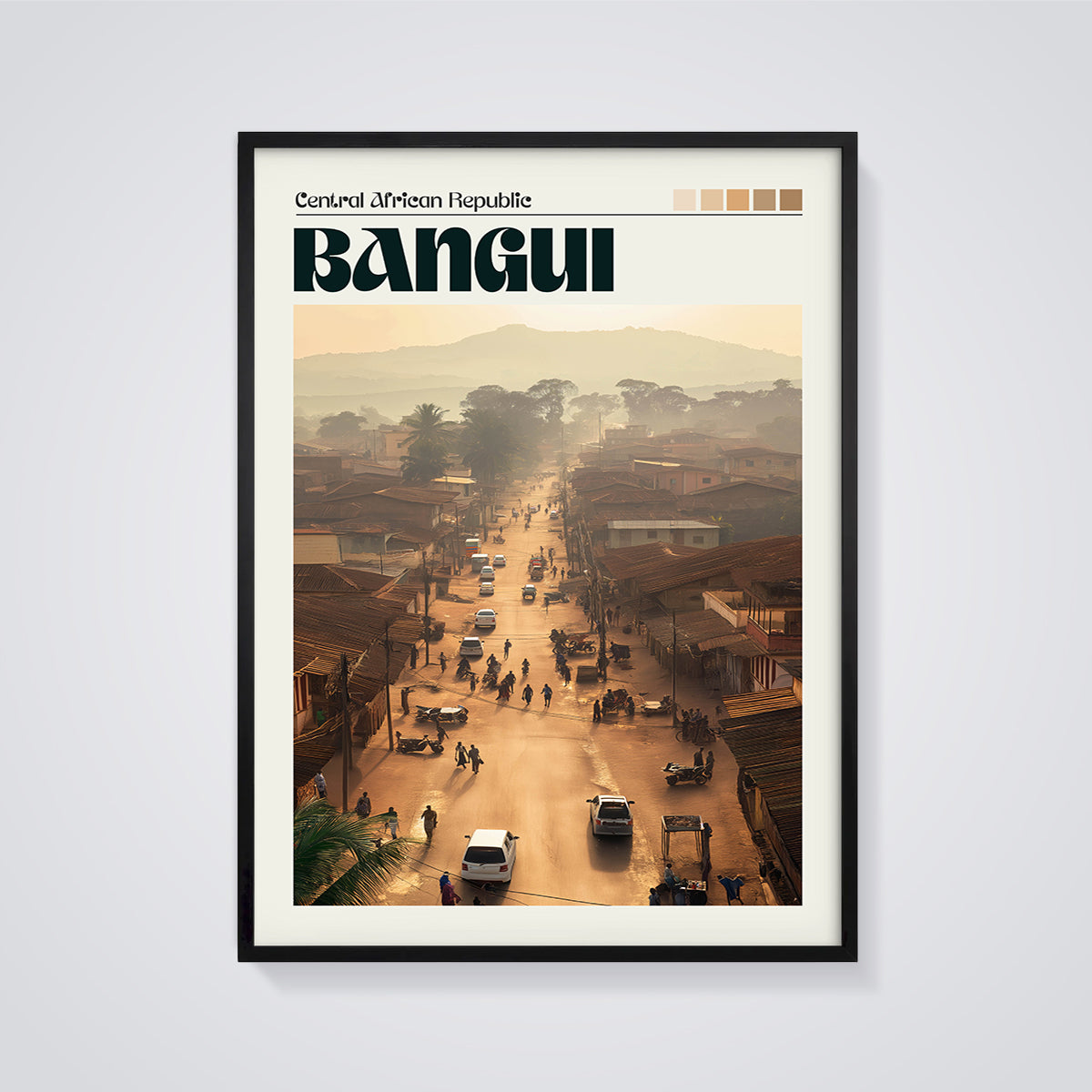 Bangui Street Scene Print framed in black on a grey background