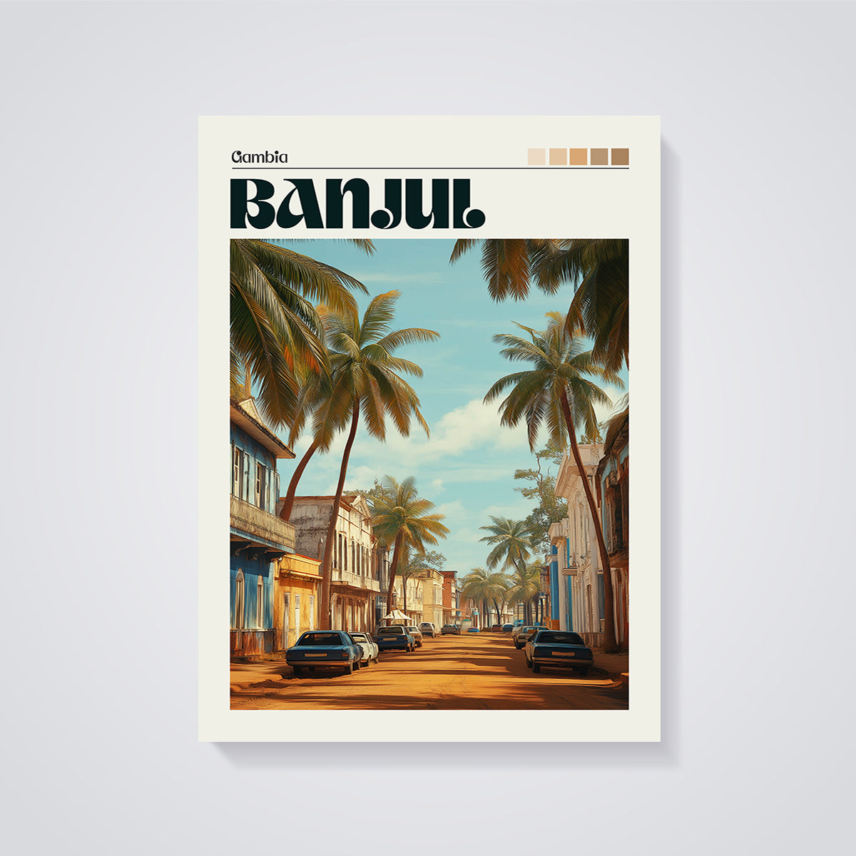 Banjul Palm Tree Street Print unframed on a grey background