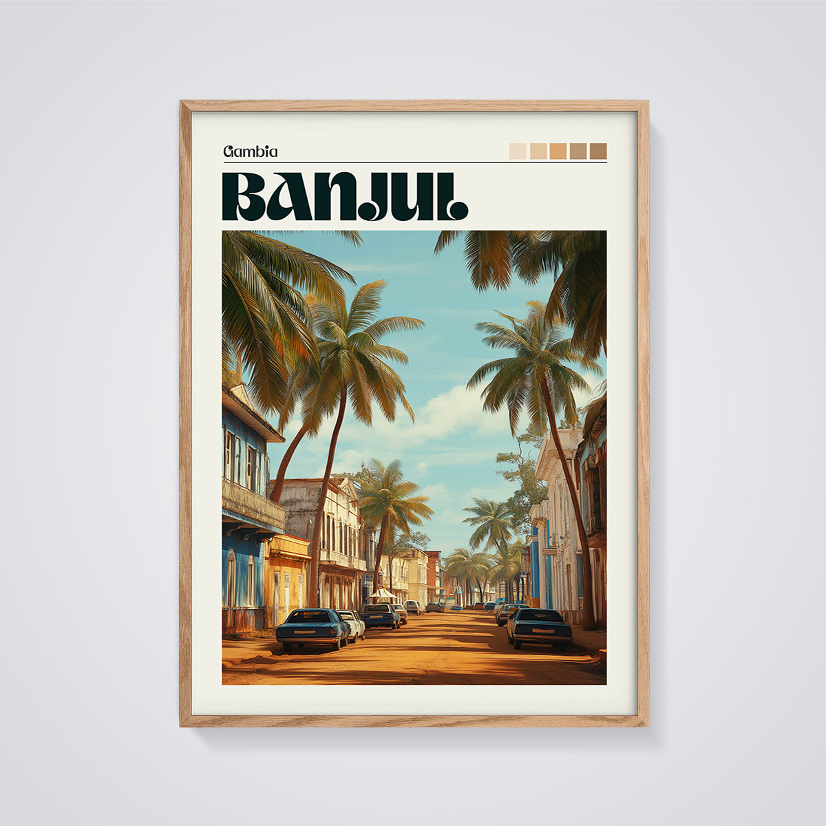 Banjul Palm Tree Street Print framed in oak on a grey background