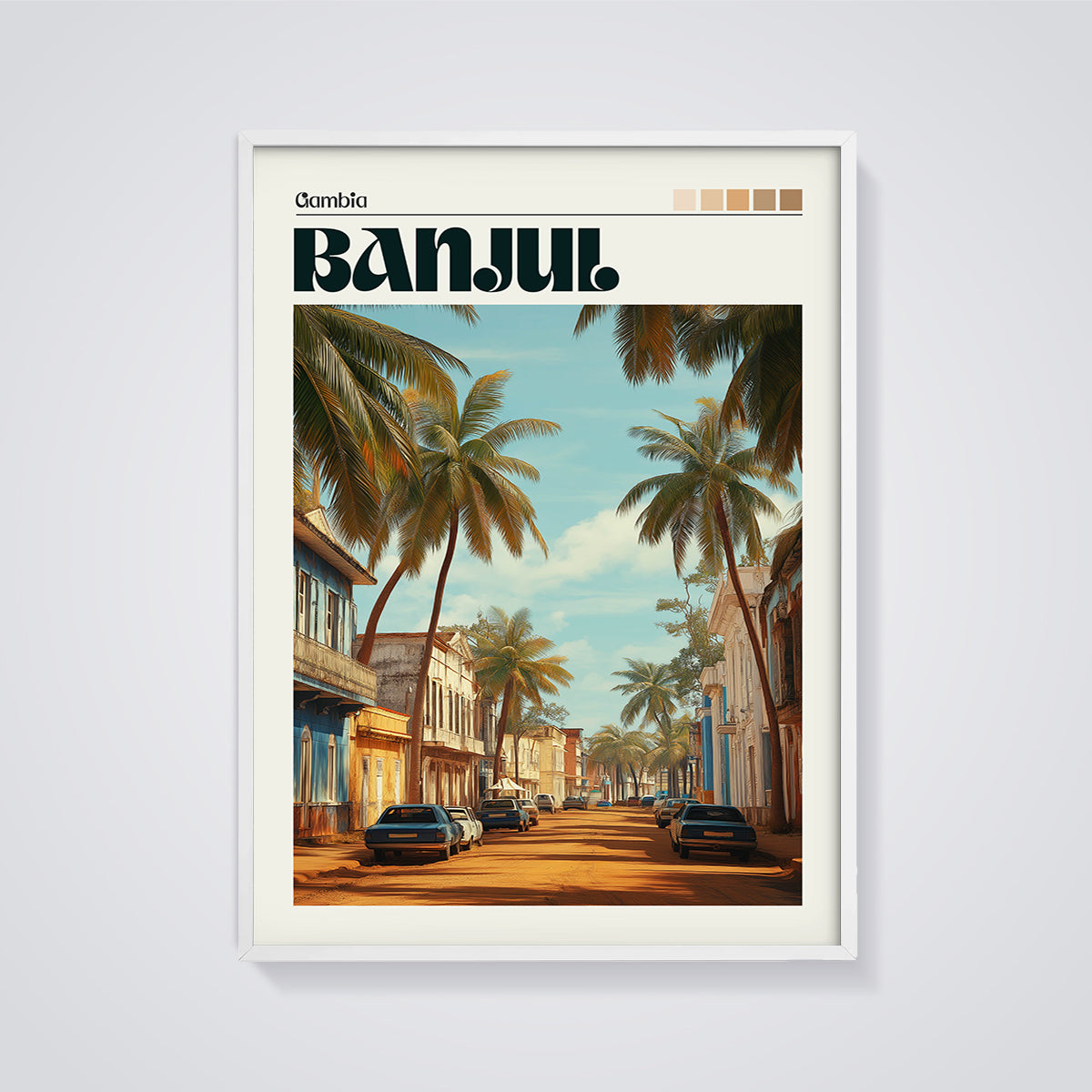 Banjul Palm Tree Street Print framed in white on a grey background