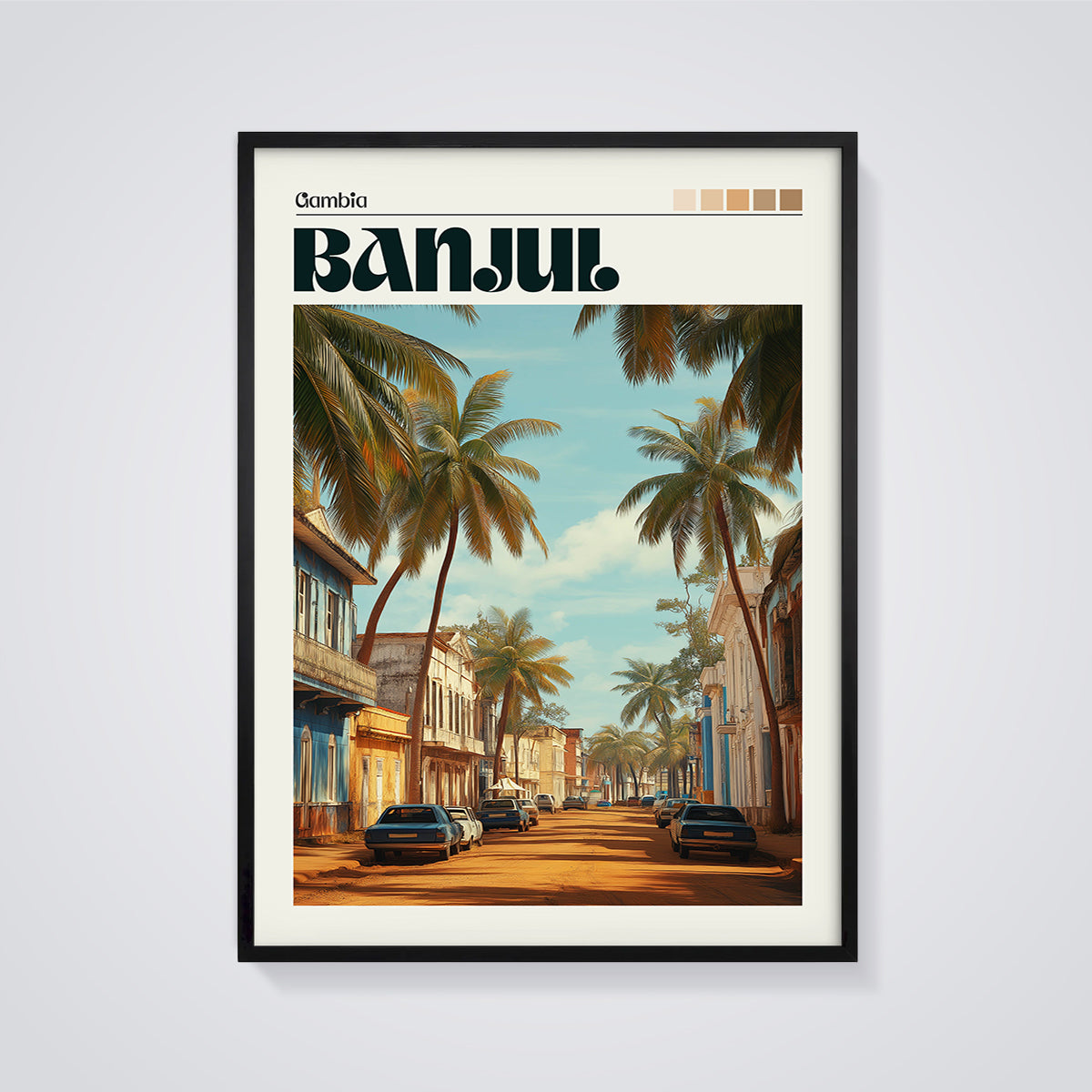 Banjul Palm Tree Street Print framed in black on a grey background