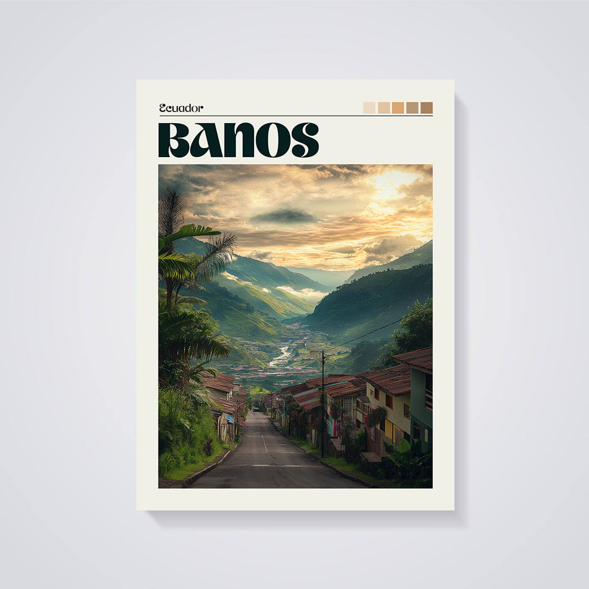 Baños Ecuador Sunset Print unframed on a grey background