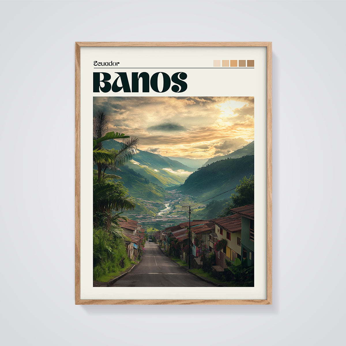 Baños Ecuador Sunset Print framed in oak on a grey background