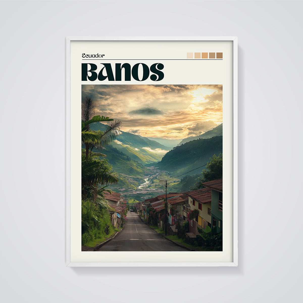 Baños Ecuador Sunset Print framed in white on a grey background