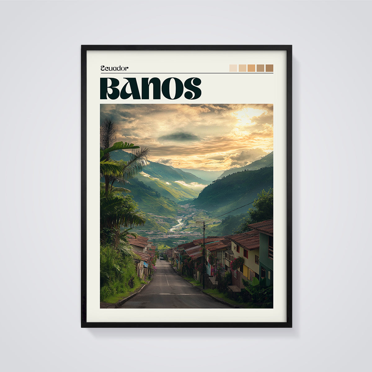 Baños Ecuador Sunset Print framed in black on a grey background